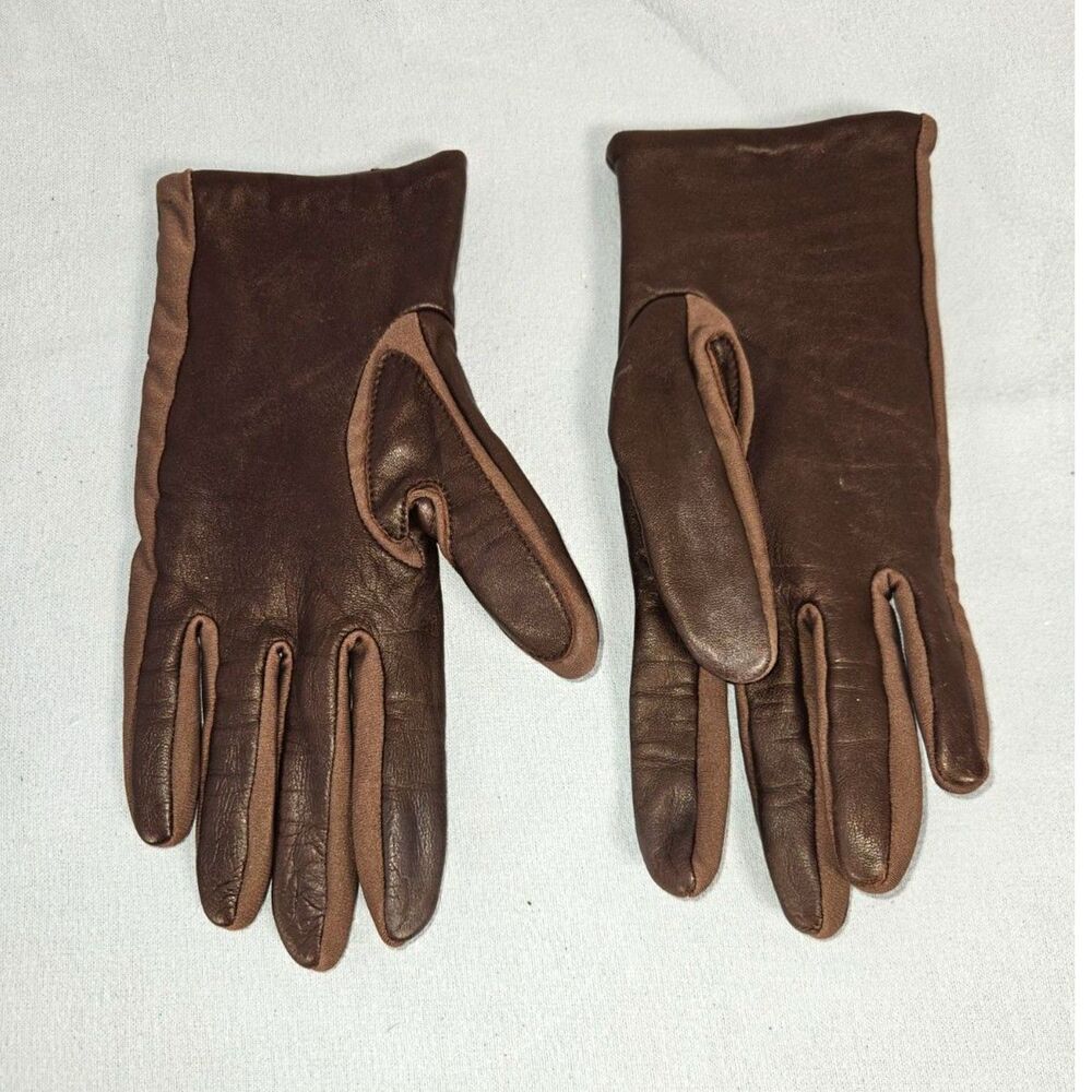 Aris Isotoner Brown Genuine Leather Gloves Chevron Perforated Accent Fleece